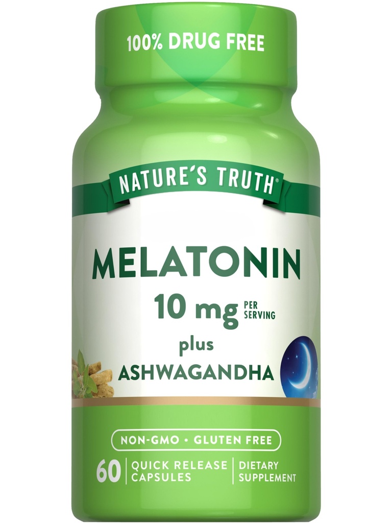 Natura Verità Melatonina 10mg con Ashwagandha | 60 capsule | Non-GMO & Gluten Supplemento gratuito per gli adulti