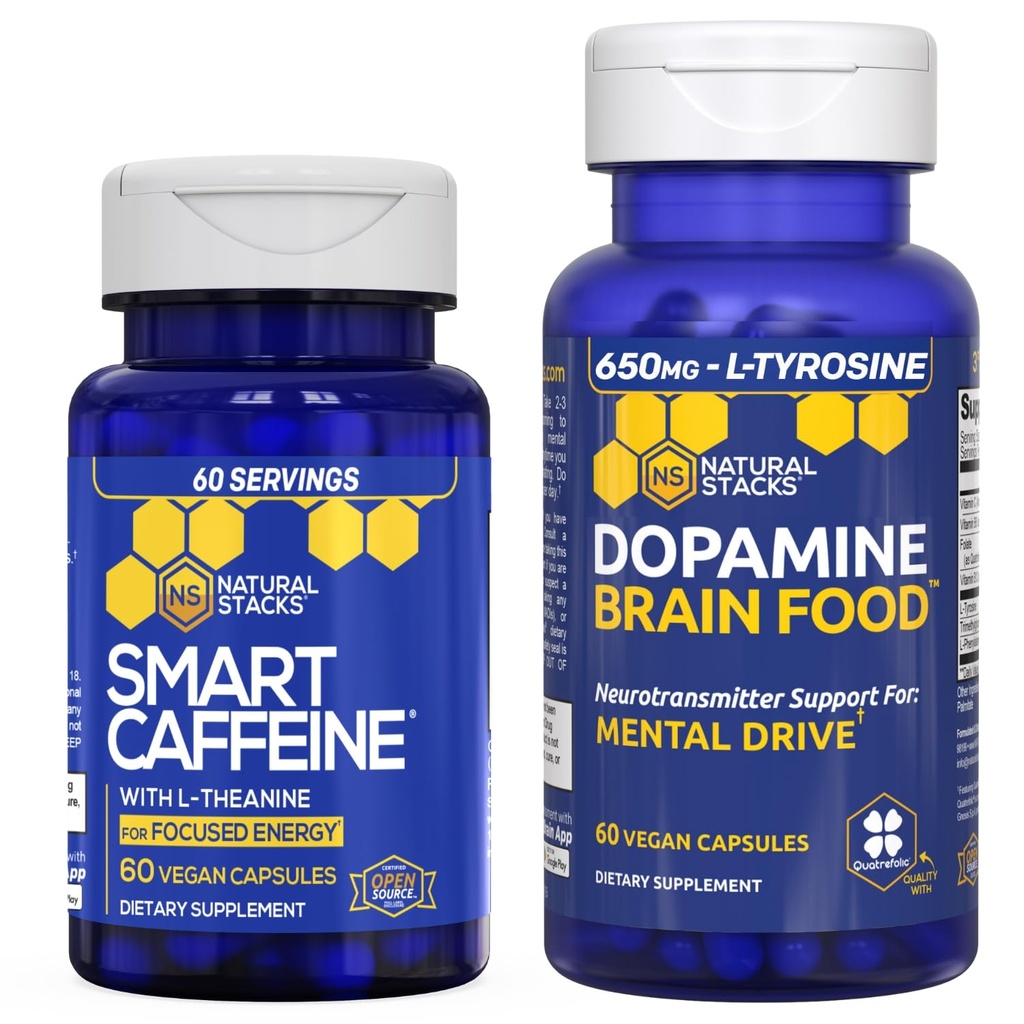 NATURAL STACKS Smart Caffeine + Dopamine Brain Food Bundle - unterstützt Energie, Fokus & Mental Drive* - 120 Gesamtkapseln