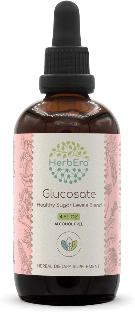 HerbEra Glucosate B120 Teinture d'extrait sans alcool, Fruits mélons amers, Cinnamon Bark, Racine de dandelion, Gymnema Leaf, Graines de fénugreek, Amla Fruit. Mélange de teneurs en sucre santé 4 Fl Oz