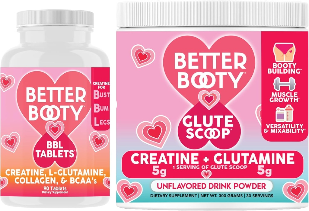 Suppléments d'angry Better Booty Femmes Creatine Combo: BBL Comprimés (90ct) w. Créatine, Glutamine, BCAA's, Collagen + Glute Scoop Creatine & Glutamine Sans saveur Mélange de boisson