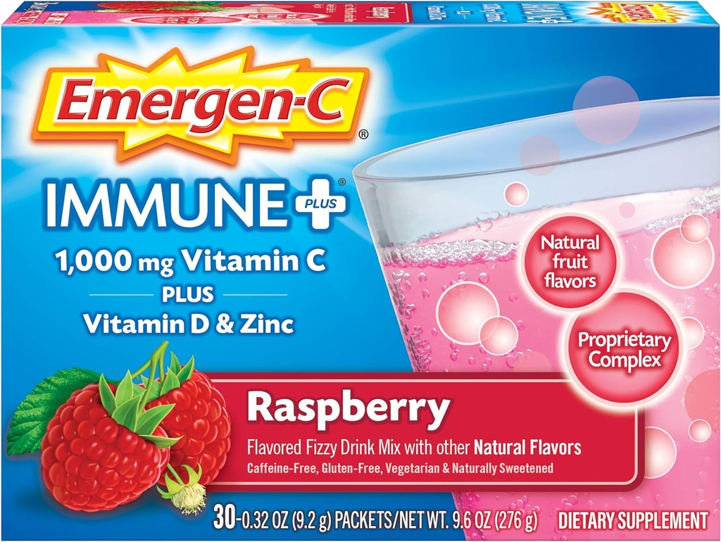 Polvere di vitamina C di Emergen-C Immune+ 1000mg, con vitamina D, zinco, antiossidanti ed elettroliti per l'immunità, supplemento dietetico di supporto immunitario, aroma di lampone - 30 conte/1 Mese di alimentazione