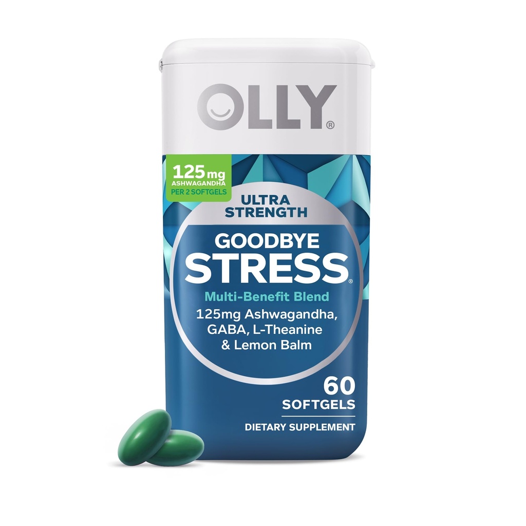 OLLY Ultra Forza Addio Stress Softgels, GABA, Ashwagandha, L-teanina e limone Balm, Stress Relief Supplement - 60 Conte