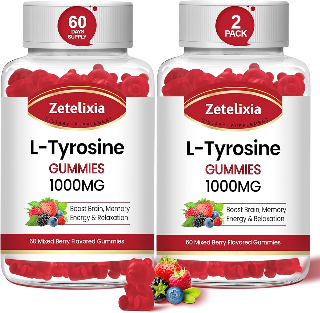 L Tyrosine Gummies 1000mg, L-Theanine Supplement Gummy 200mg, Sugar Free L-Tyrosine mit Vitamin B6 Energy Supplements für Erwachsene & Kinder - Unterstützung Mood Focus Gummies,Brain Memory,120 Count