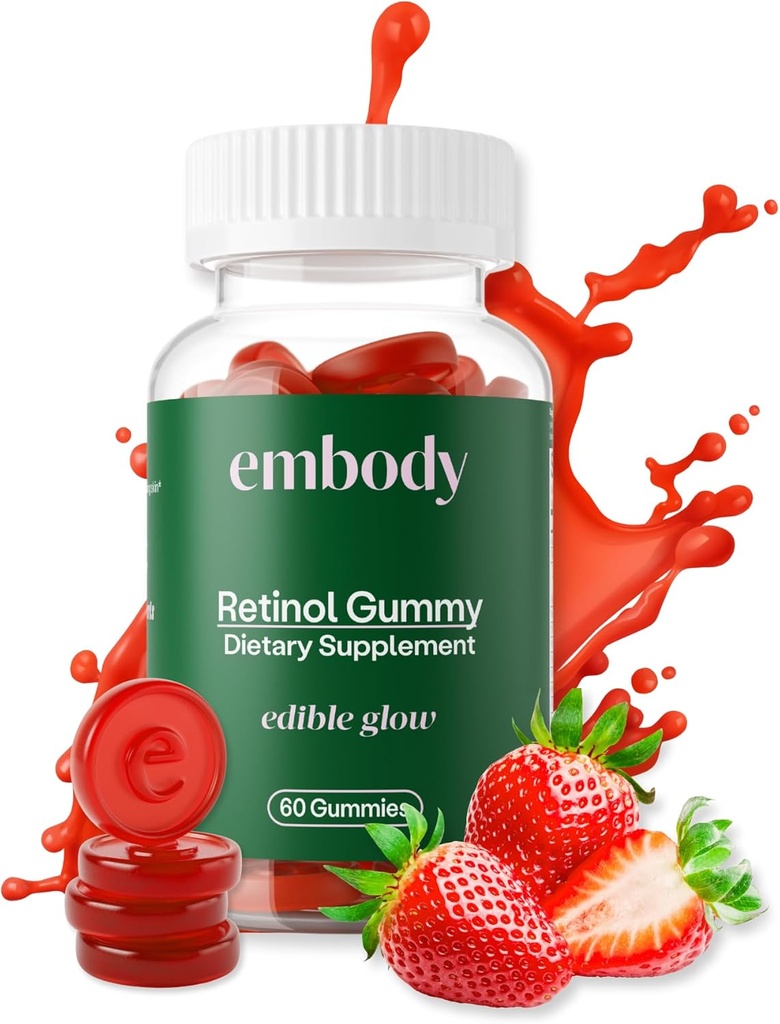 Embody: 60 Skin Gummies Multivitamin Retinol Gummy (Vitamine A Supplément pour Anti-Aging, Glowing, Youthful & Clear Skin) Cheveux et ongles forts avec Biotine, Vitamine C, B12 & Zinc