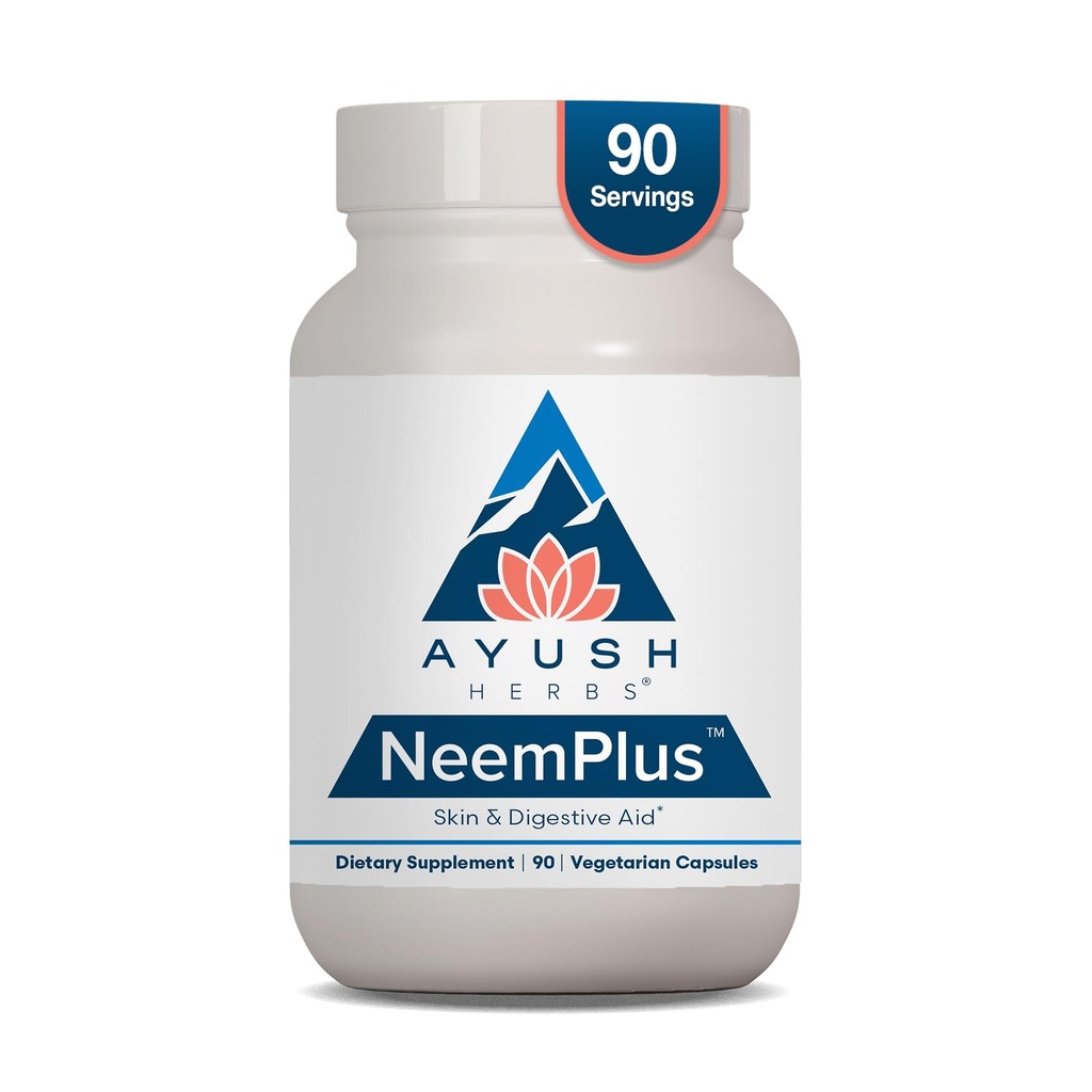 Ayush Herbs Neem Plus - Verdauungsgesundheit für Frauen & Männer, Gut Support-Ergänzung für Stomach & Haut Gesundheit, Immununterstützung - 90 Vegetarische Kapseln (1 Zähler)