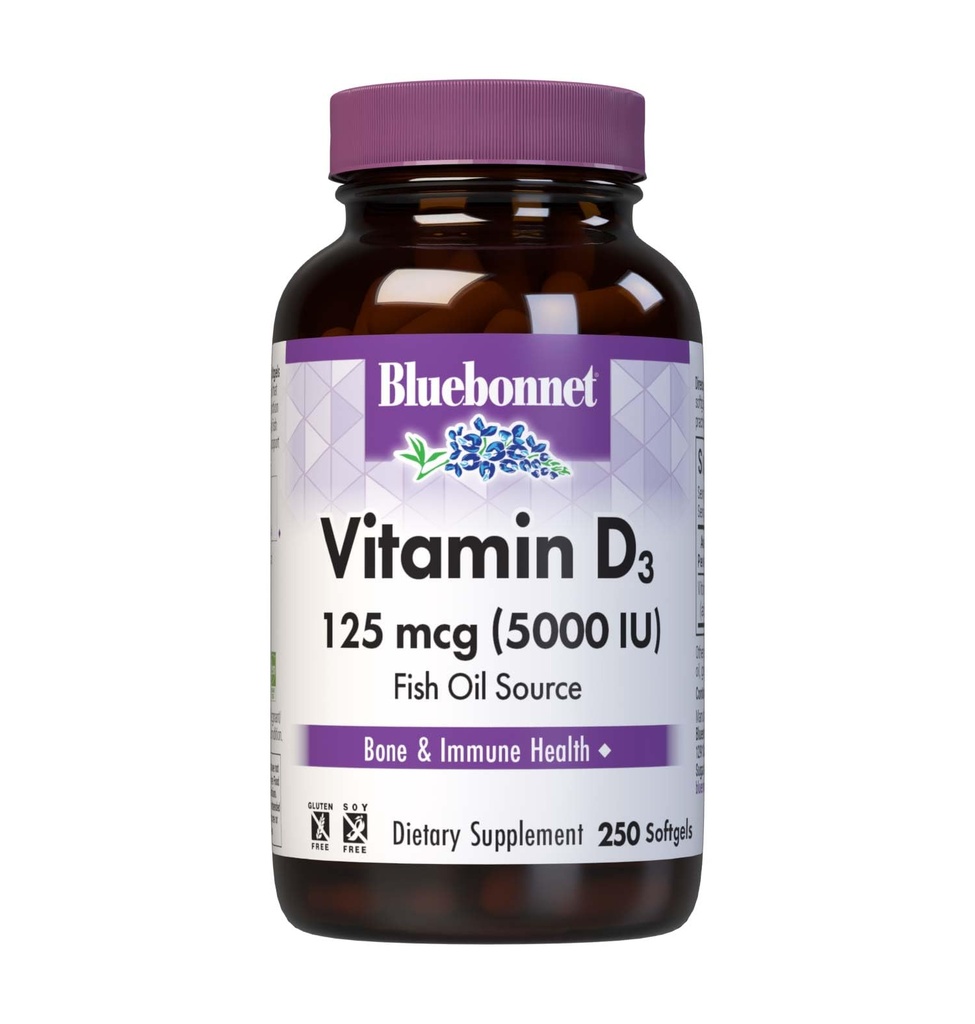 Bluebonnet Nutrition Vitamina D3 5000 IU Softgels, Aids in crescita muscolare e scheletro, Cholecalciferol da Fish Oil, Non OGM, Gluten Free, Soy Free, Dairy Free, Giallo, 250 Softgels
