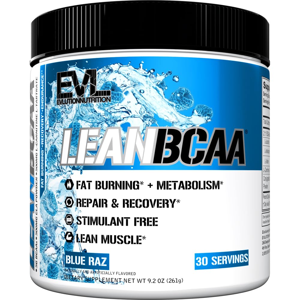 Evlution Stimulant Free Lean BCAA Powder Nutrition BCAAs Aminoacidi Polvere con CLA Carnitina e 2:1:1 Aminoacidi a catena ramificata Supporta il recupero del muscolo Fat Burn and Metabolism - Raz blu