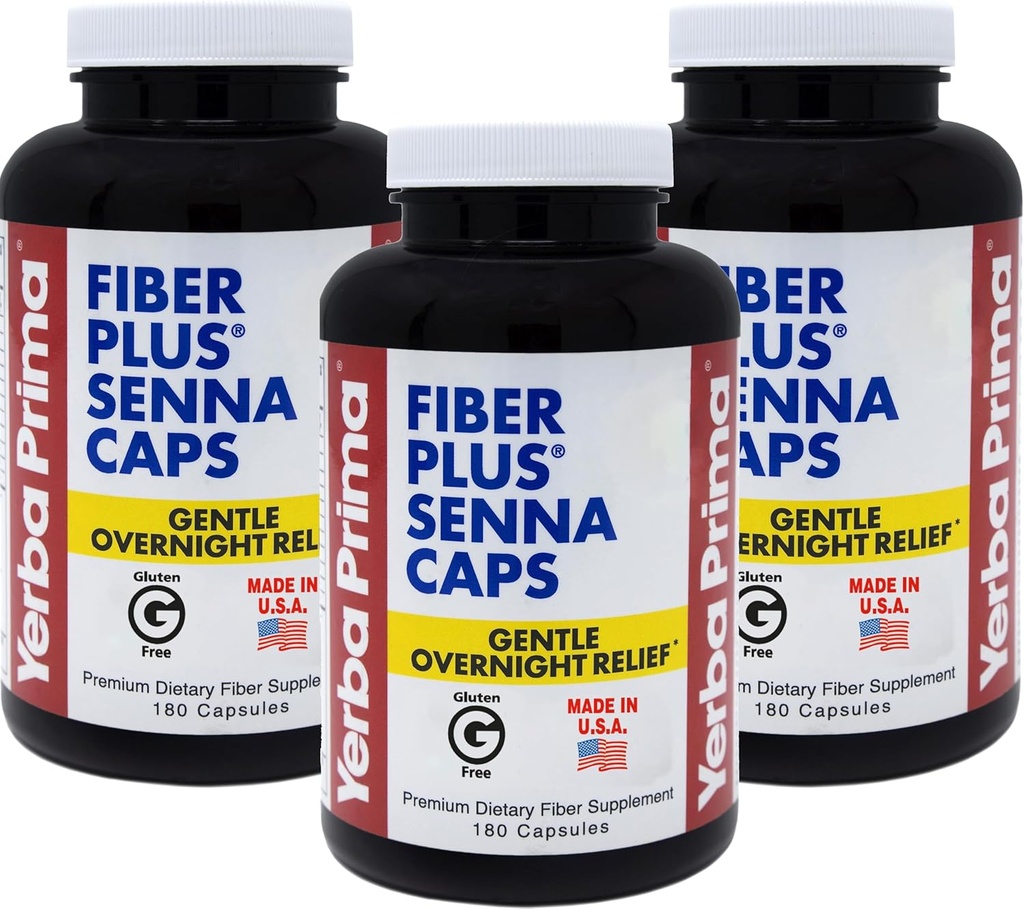 Yerba Prima Fiber Plus Senna Capsules, 180 Count (3 Pack) - Gentle Overnight Relief, USA Made, Non-GMO, Gluten-Free