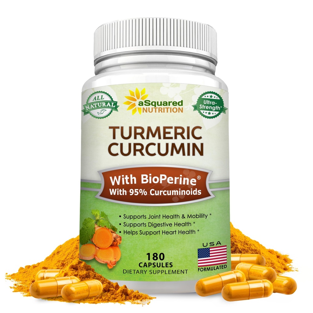 aSquared Nutrition Turmeric Curcumin 1300mg mit BioPerine Black Pepper Extract - 180 Kapseln - mit 95% Curcuminoids, 100% Natürliche Tumeric Root Powder Supplements, Pure & Joint Stiffness Pillen