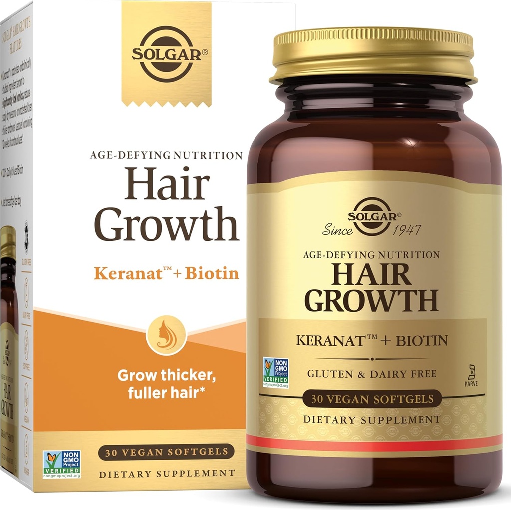 Supplemento di crescita dei capelli di Solgar per capelli più spessi con l'olio di Keranat, la biotina, lo zinco e il rame, supplemento di salute dei capelli, l'alimentazione di Età-defying per gli uomini e le donne, 30 Serve