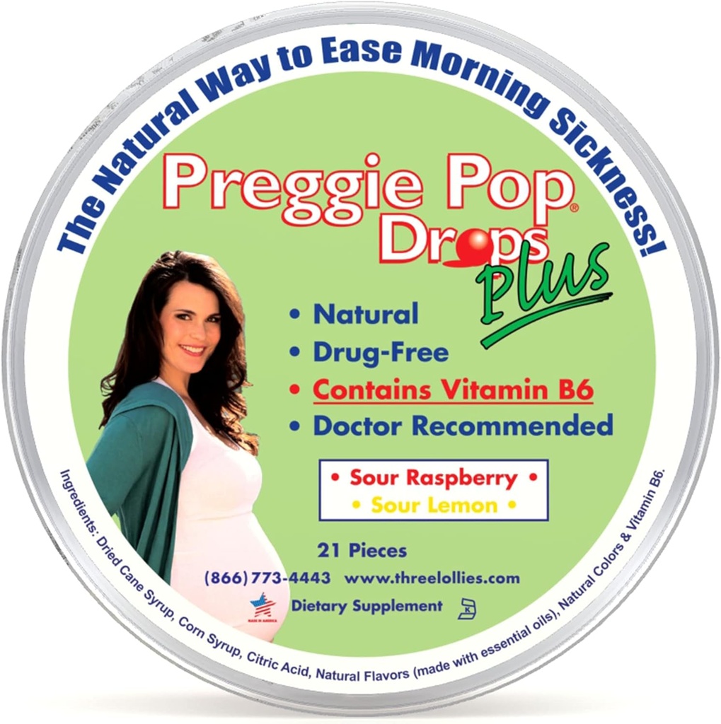 Preggie Pop Drops Plus | 21 Tropfen | Vitamin B6 für Morgen Krankheit & Übelkeit Entlastung während der Schwangerschaft | Sicher für schwangere Mutter & Baby | Glutenfrei | Zwei Geschmacksrichtungen: Zitronen & Himbeer