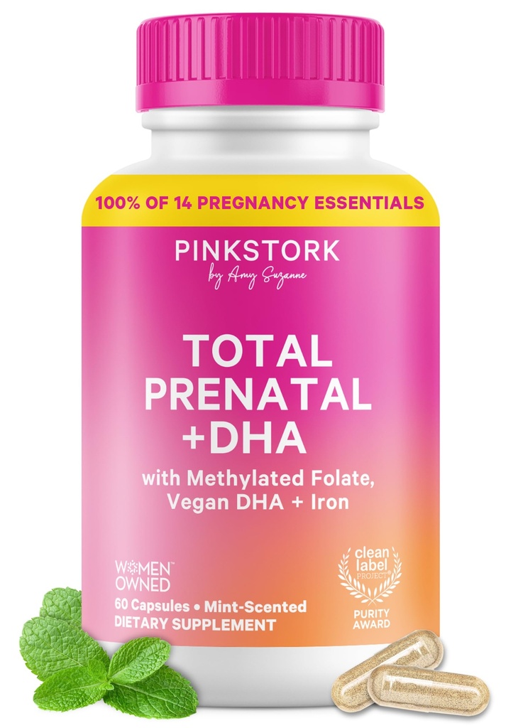 Pink Stork Vitamines prénatales totales avec DHA, Folate, Fer, Choline et Vitamine B12 - Préconception Nutrition - Prénatales pour les femmes, Grossesse Essentielle - Essence de menthe, 60 capsules, 1 mois d'approvisionnement