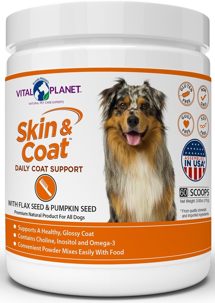 Vital Planet - Integratore della polvere della pelle e del cappotto per cani con Choline, Inositol, Pumpkin, Flax e Oli Omega-3 per sostenere un morbido cappotto lucido sano e per Allergie stagionali - 60 Scoops, 111g, 3.92oz