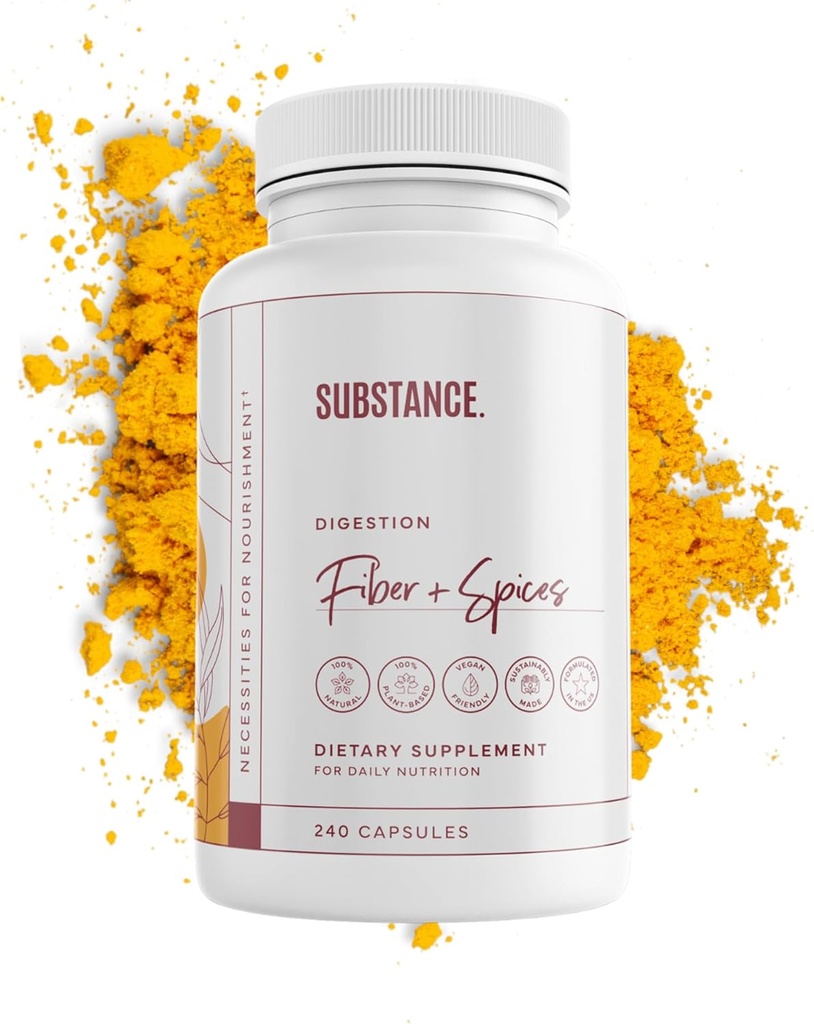 SUBSTANCE. - Nature's Fiber & Spices for Digestive Wellness - Unterstützt Colon Cleanse - Formuliert mit Psyllium Husk, Flax Seed & Ginger - Nahrungsfaserergänzung - Vegan-Friendly - 240 Kapseln