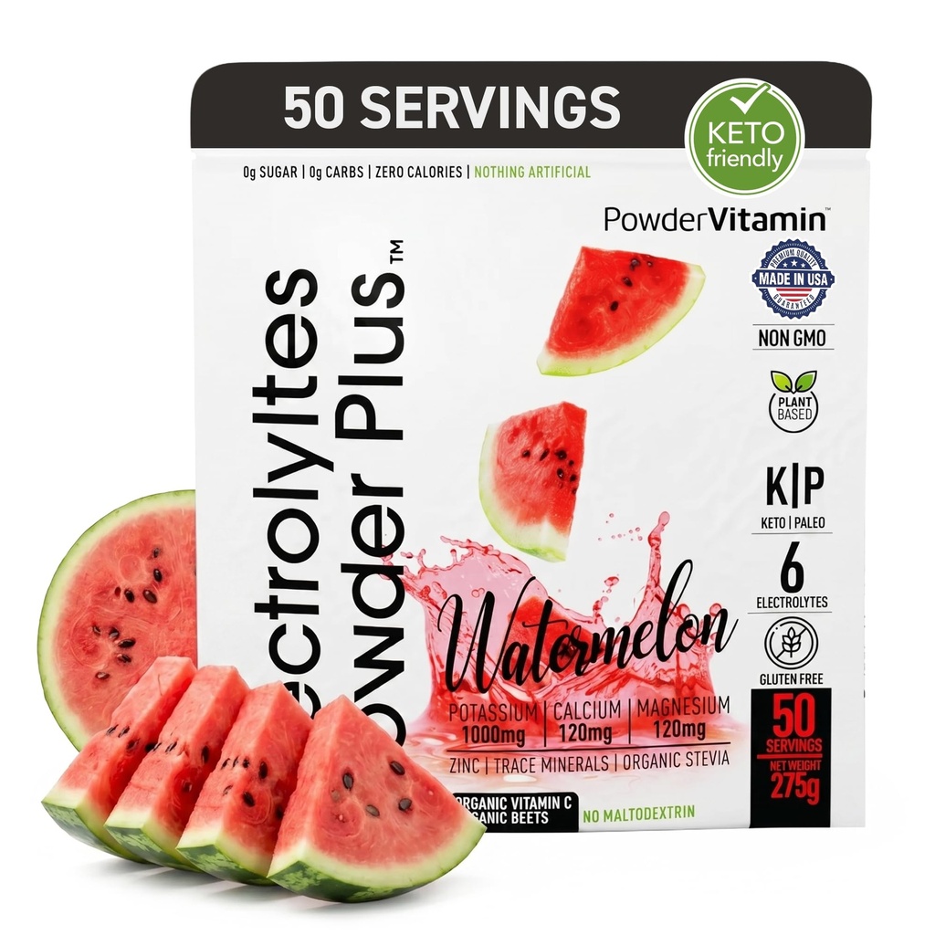 Elektrolyte Pulver Plus (50 Portionen), 0 Calorie Keto, 0 Zucker, kein Maltodextrin, 1000mg Kalium, 120mg Calcium, 120mg Magnesium, Hydration Powder (50 Portionen, Wassermelone)