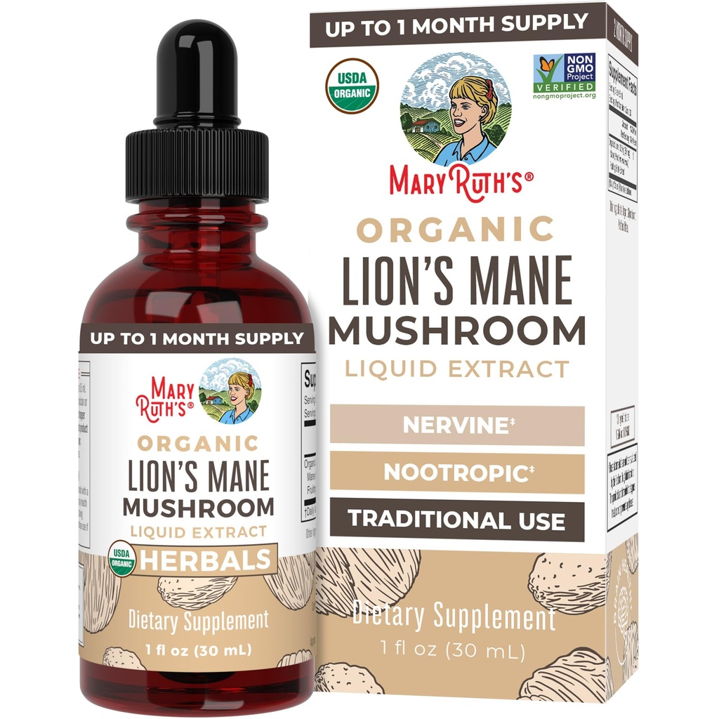 MaryRuth Organics Lions Mane Mushroom Supplemento, Fino a 1 mese di fornitura, Nootropic USDA Organic Lions Mane Extract Nervine Herbal Liquid Drops, Brain Health Non-GMO Vegan Alcohol Free Tincture, 1 Fl Oz