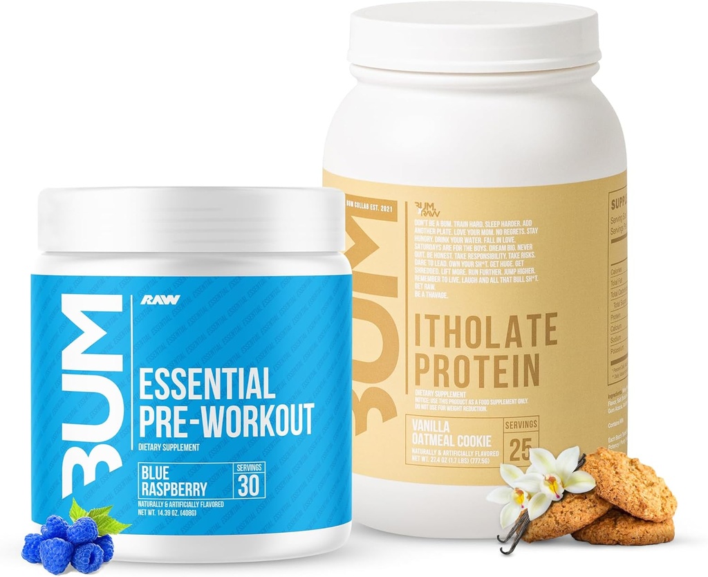RAW Whey Isolate Protein Powder & Essential Pre-Workout Powder Bundle (Vanilla Oatmeal Cookie & Blue Raspberry) - Chris Bumstead Sports Supplément nutritionnel pour les hommes et les femmes