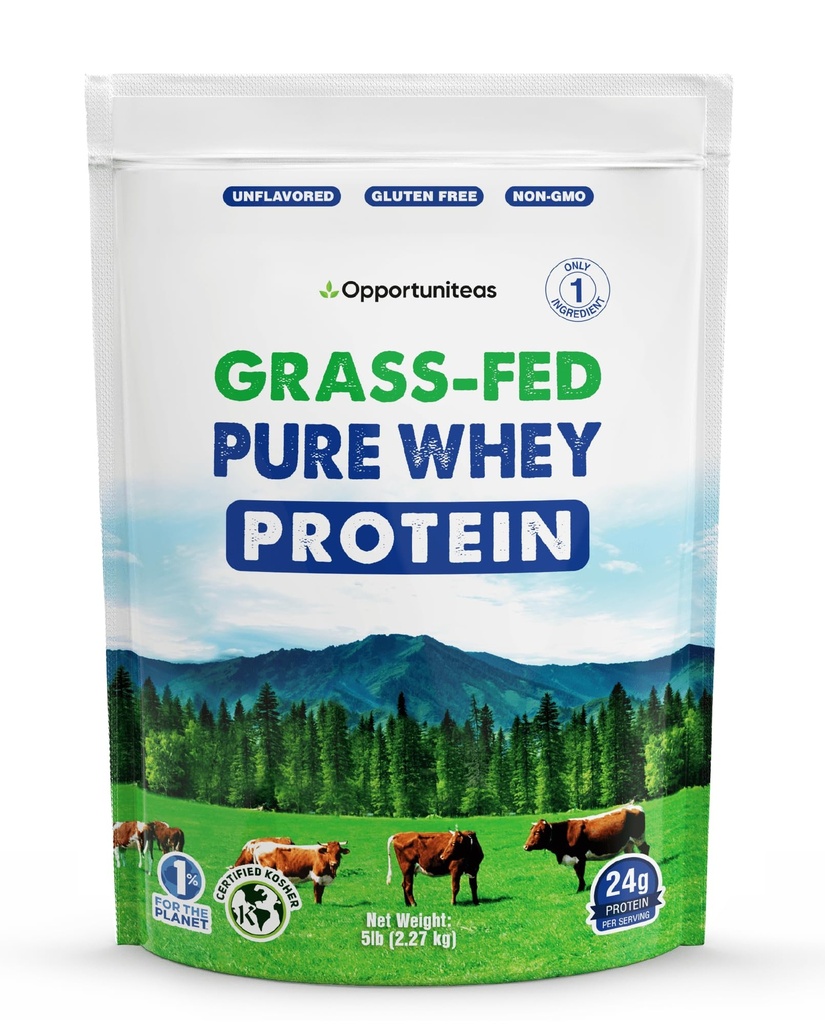 Opportuniteas Grass Fed Whey Protein Powder Concentrate - 1 Ingrediente - Pure Protein Supplement for Drink, Smoothie, Shake, Cooking & Baking - Non OGM, Ormone Free & Gluten Free - 5 Pounds