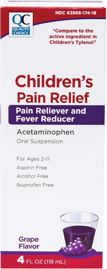 Riduttore di dolore per bambini di scelta di qualità per bambini, 4fl oz Acetaminophen 160mg per 5ml, Ibuprofene & Aspirin Free, Liquid Cold and Flu Medicine for Kids, Regolare resistenza OTC