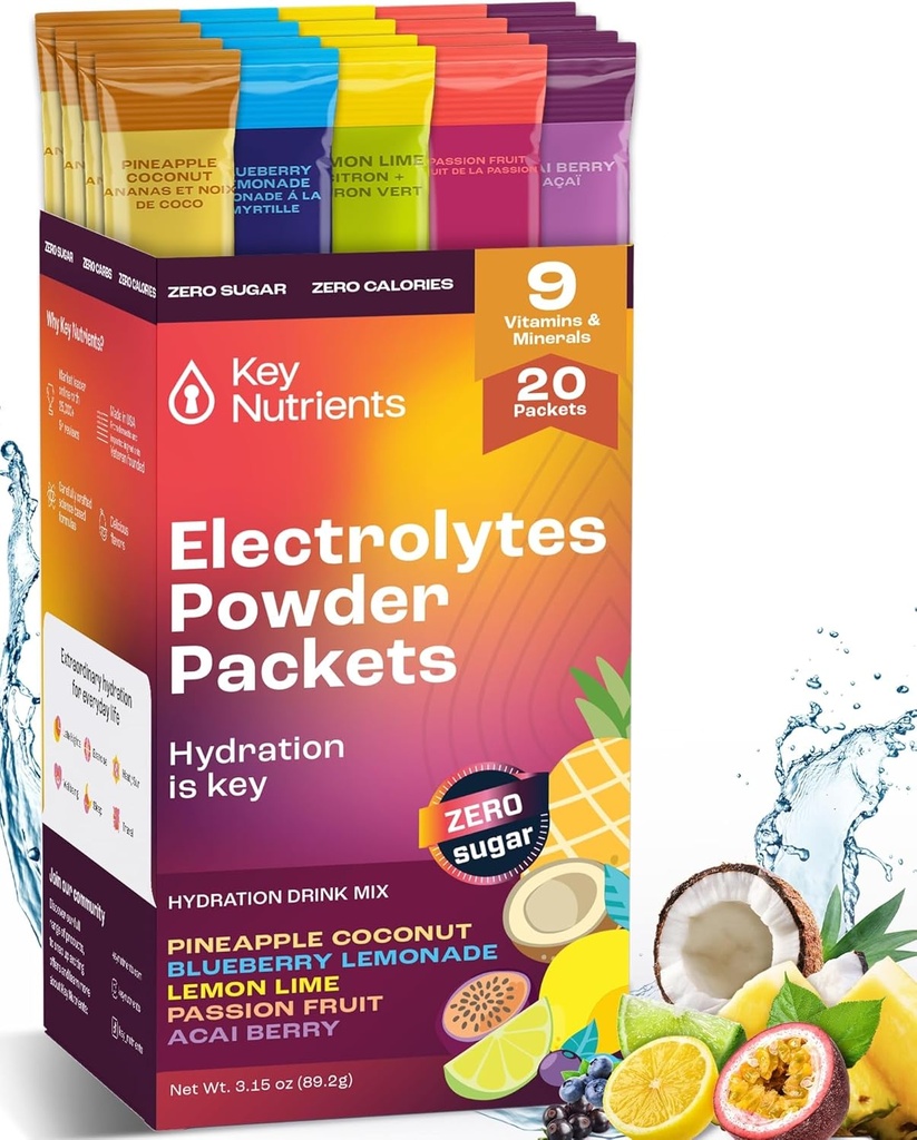 KEY NUTRIENTS Elektrolyte Pulver-Packets Kein Zucker - 5 Delicious Flavors in Hydration Packets 20 Pack - keine Kalorien, Glutenfreie Elektrolyte Pulver-Packets, Non GMO, Made in USA