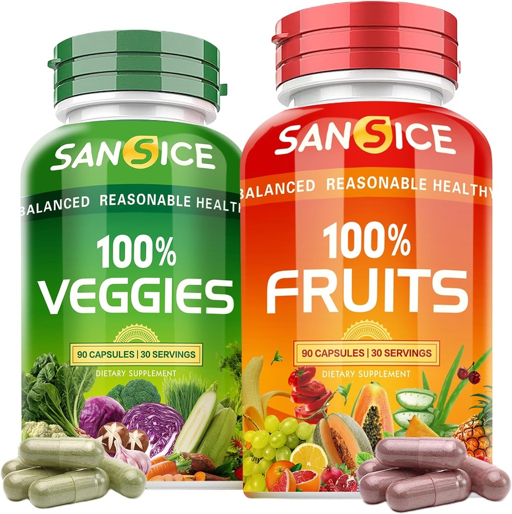 Integratore di frutta e verdura, Frutta naturale e Vitamine vegetali Soia Free & Non OGM Integratori di verdure e frutta per le donne Uomini e bambini - 90 capsule di frutta, 90 capsule di verdure