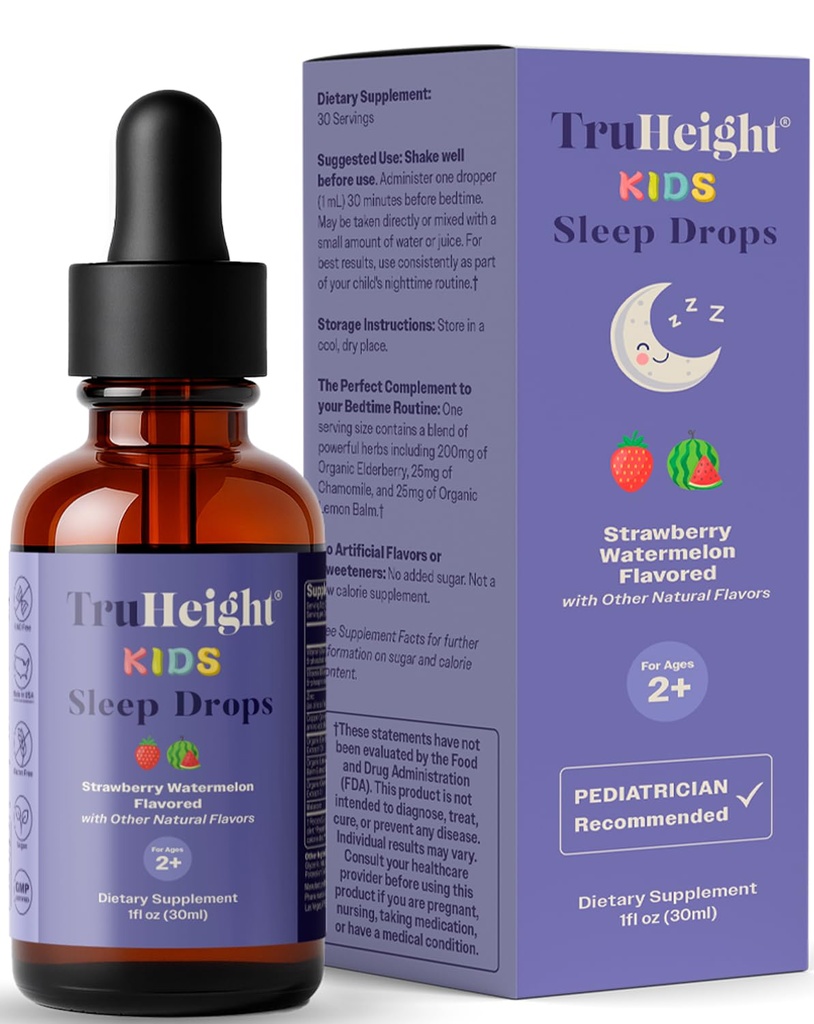 TruHeight Kids Dormir Teinture Ages 2+ (Watermelon Flavor) - Bébés, tout-petits et enfants Aide naturelle au sommeil - Bébé, tout-petit, enfant Melatonine 2 ans+ - Vitamine B6, Riboflavine, zinc, cuivre, citron baume