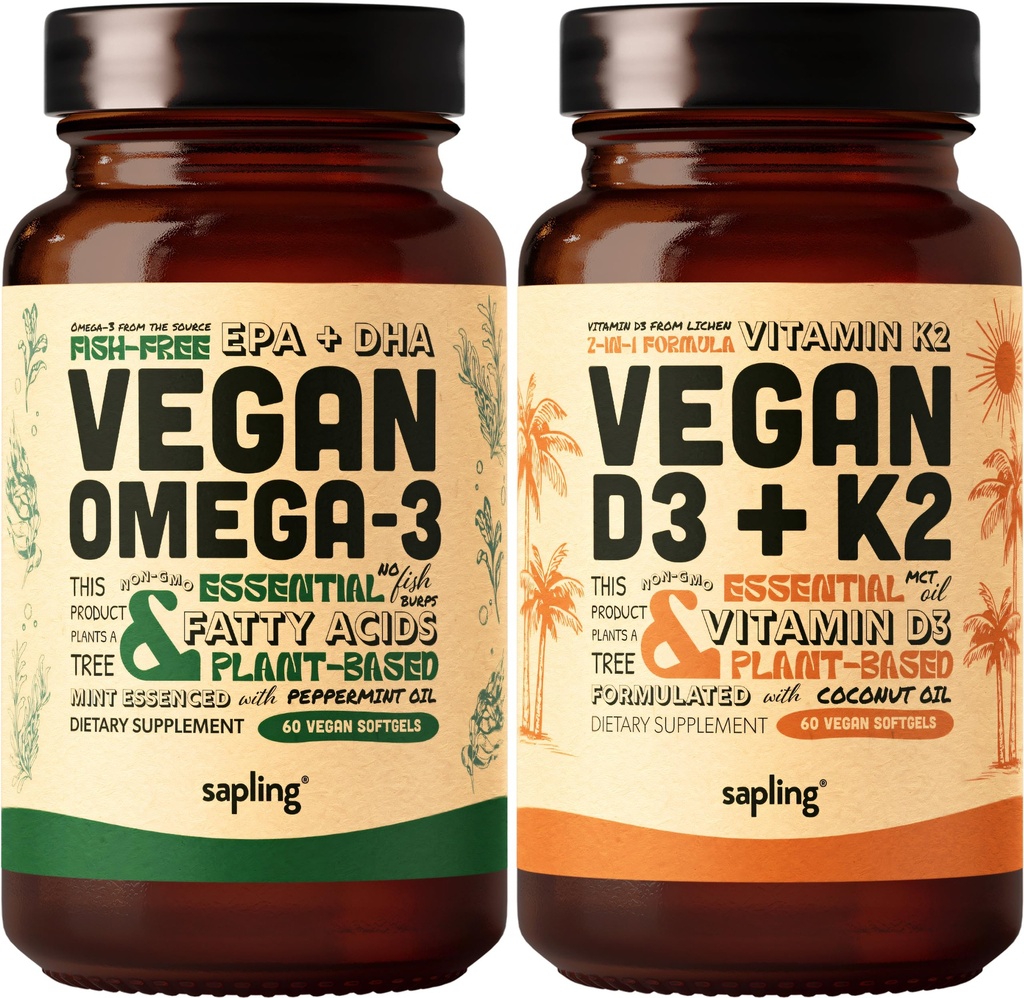 Vegan Omega 3 & Vegan Vitamin D3 + K2 Supplement Bundle - Pflanzenbasierte DHA & EPA Fettsäuren, 4000 IU Vitamin D3 und 100mcg Vitamin K2 als Mk7