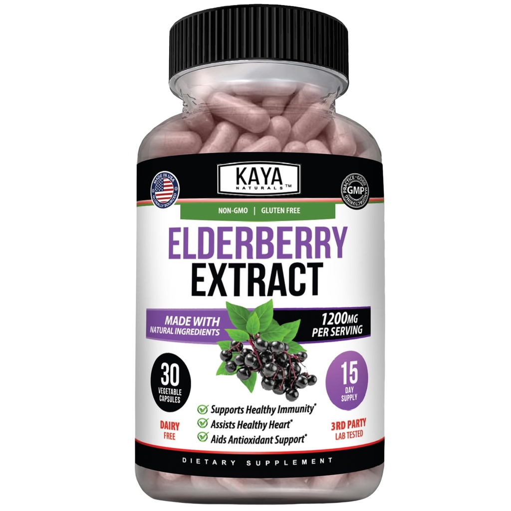 Kaya Naturals Elderberry Immununterstützung - Elderberry Extract, Rich Antioxidant Premium Vitamins, 1200mg Immunsystem Booster Sambucus Kapseln - 30 Count
