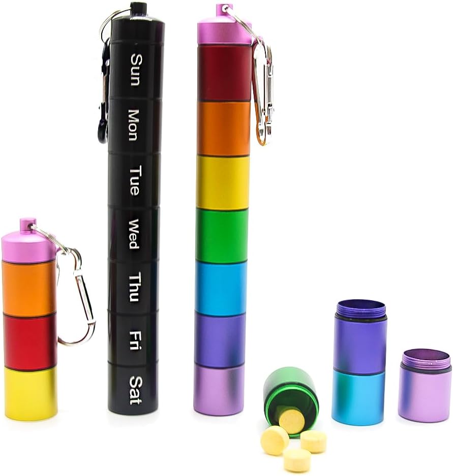 2 Organizzatore di viaggio del metallo PCS Large - Rainbow Weekly Pill Case +7 Day Pill Organizer-Waterproof Pill Box Container - Compact e Durable Medicine Organizer
