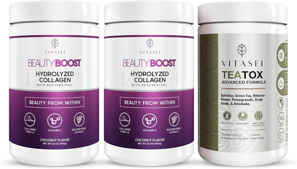 VITASEI Hydrolysiertes Collagen Peptide Pulver mit Vitamin C & Resveratrol und Teatox Cleanse Support Powder, Verdauung Booster W/Green Tea, Spirulina, Artichoke