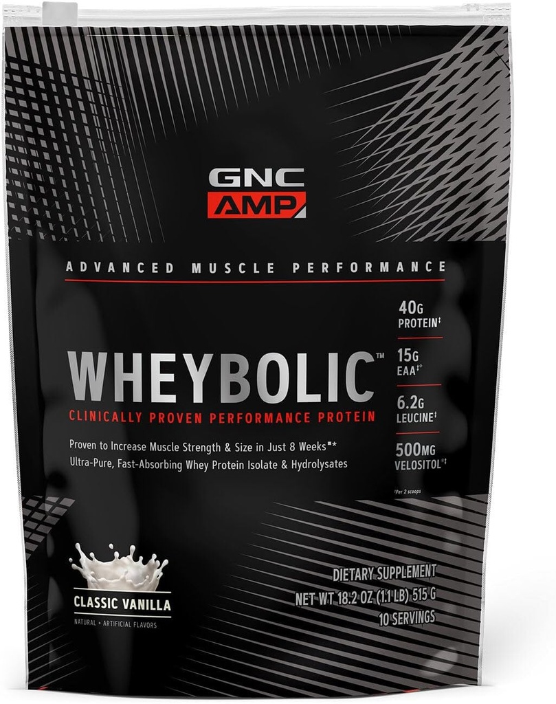 GNC AMP Poudre de protéines éprouvées cliniquement, 40g de protéines de lactosérum, BCAA, Leucine, Augmente la force musculaire, Bâtiment musculaire, 3e partie testée, Sans gluten, Vanille classique, 10 portions