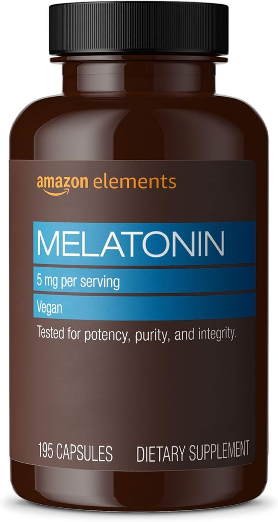 Elementi - Melatonin 5mg Capsule, Aiuta con occasionale insonnia, Vegan, Non aromatizzato, 195 Conte (Pacchetto di 1), 6 mesi di fornitura (Packaging può variare)