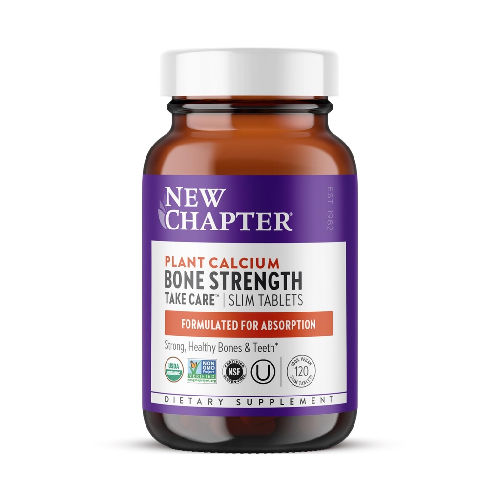 Nuovo Capitolo Calcium Supplemento - Bone Strength Organic Calcium con Magnesio, Vitamina D3+K2, 70+ Minerali di Trace per la Salute del Bone, Senza Glutine, Facile da ingoiare compresse sottili - 120 Conte