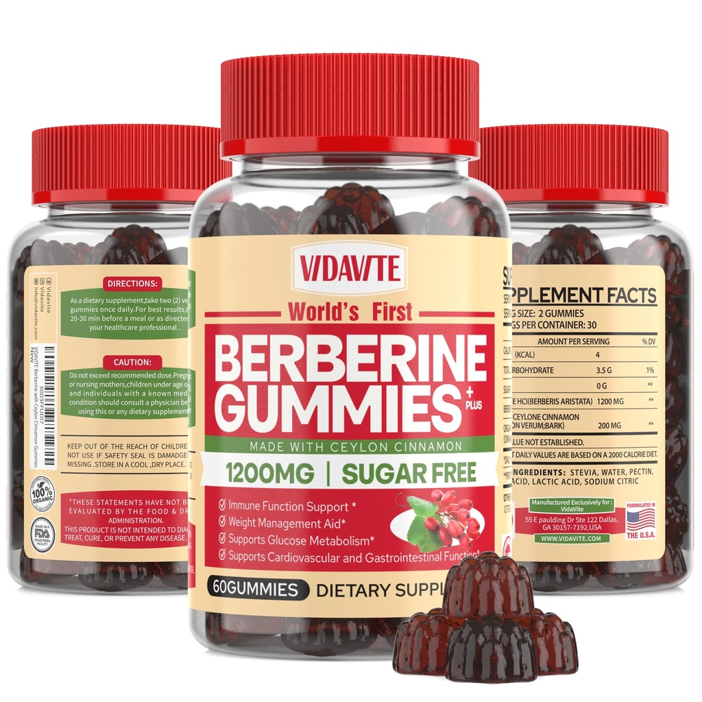 Berberina con Ceylon Cinnamon Gummies — Senza zucchero, 98% Pure & 10x Absorption — 1200mg HCL Organic Berberine Supplemento per la gestione del peso, Immunità, Metabolic & Digestive Health (30 giorni)