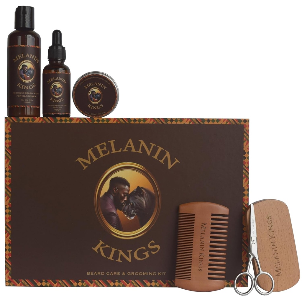 Melanin Kings Bart Grooming Kit für Herren - Formeln mit antiken afrikanischen natürlichen Inhaltsstoffen | Bart Wash, Öl, Balm, Brush, Comb, Trimming Scissors