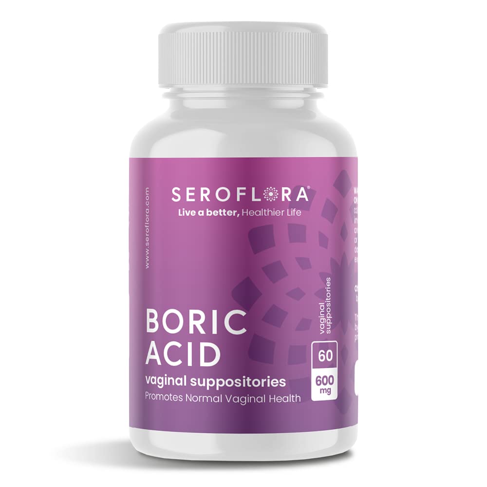 Seroflora Boric Acid Vaginal Suppositories - Promuove il bilanciamento del pH vaginale e il controllo dell'odore con USP Medical Grade Fine Powder, Easy Dissolve, Made in USA -600 mg 60 Count