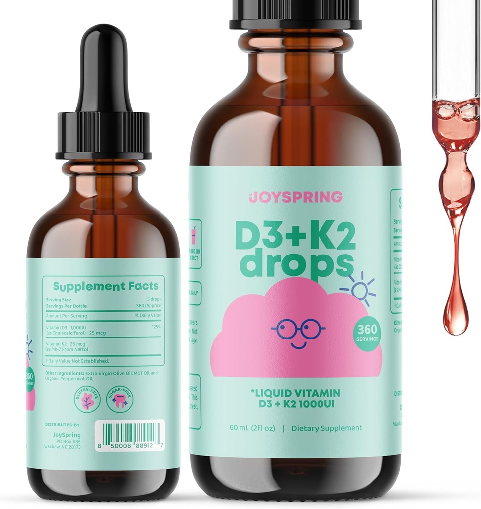JoySpring Vitamina D Gocce per i bambini per sostenere la crescita, il Bone e la salute immunitaria, i supplementi di zinco per bambini - Elderberry con Zinc Liquid e Daily Complex B Vitamine con vitamina B2, B6, B12 e B5