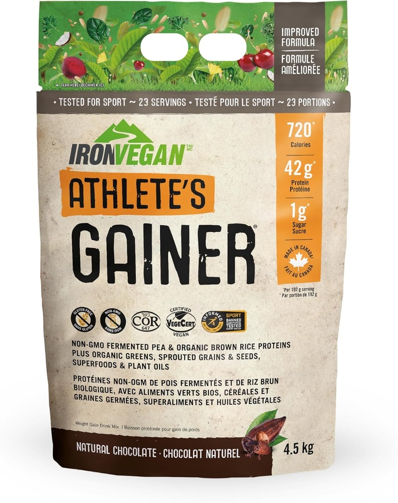 Gainer d'athlète végétalien de fer - Chocolat naturel 4,5 kg