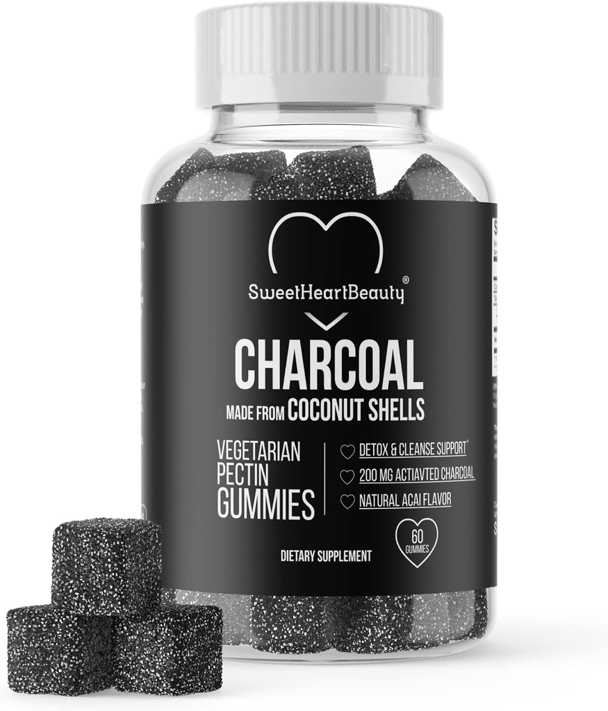 Gommies charbonnières activées - Suppléments de gommy charbon de noix de coco naturelles pour le soutien de la détox, la mousse d'estomac et la santé buccodentaire - sans gluten, végétalien et pectine - Acai Flavor, 60 comtes