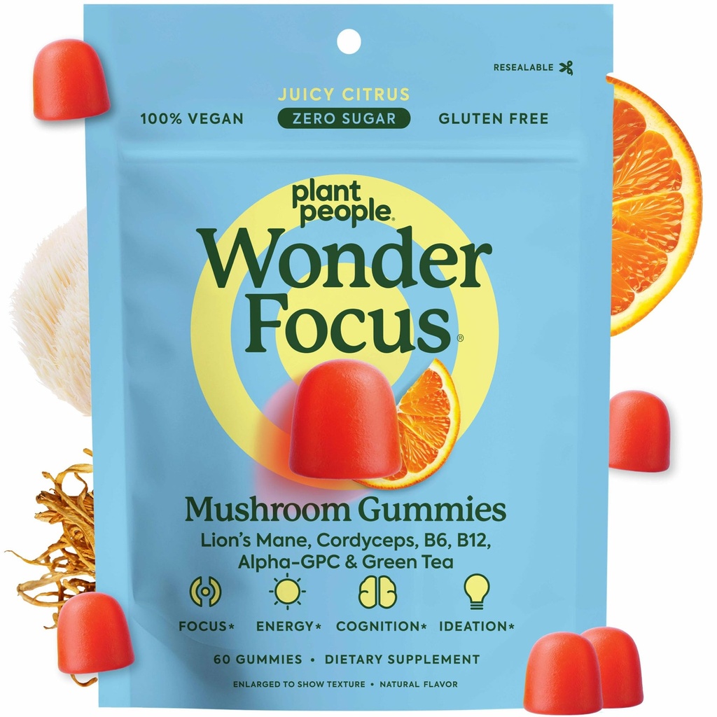 Gens des plantes WonderFocus Champignons Gommies avec Lion, Manille et Cordyceps - Supplément Cerveau Nootropique stimule la mémoire, la concentration, l'énergie et l'humeur chez les adultes.