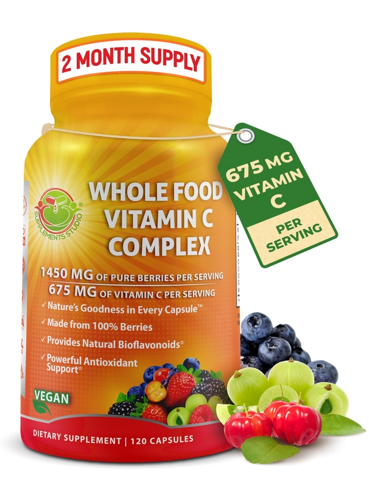 Intero Food Vitamin C Complex - 1450mg Organic Berries - 675 mg Vitamina C per Serving, Antiossidante ad alta potenza e supporto immunitario con Acerola, Amla e Bioflavonoidi naturali - Vegan, Non OGM, 120 Conte