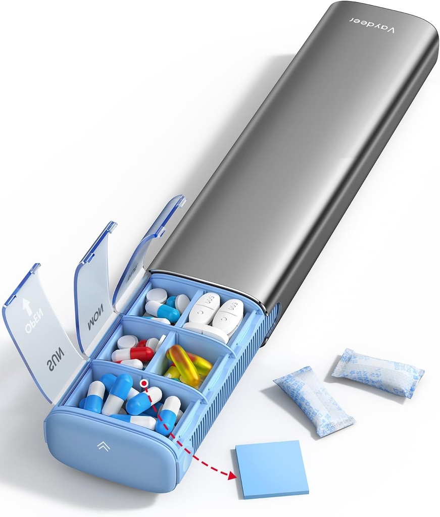 Vaydeer Organisateur hebdomadaire de pilules de 7 jours (support 2 fois par jour), Cas de pilules de voyage en métal, boîte quotidienne de pilules de forte capacité pour suppléments, pilules, vitamines et médicaments (Gray)