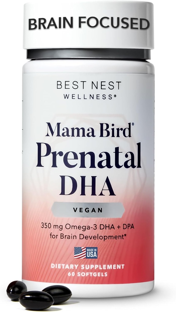 Best Nest Wellness Mama Bird Vegan Prenatal DHA - Brain &amp; Eye Support Supplement für Baby - Vegan Prenatal Supplement mit Algae DHA - Nahrungsergänzung für Mom - 60 Softgels