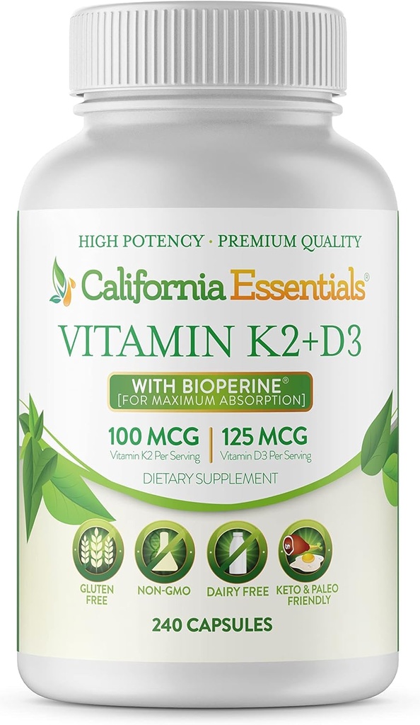 California Essentials Vitamin K2 + VIT D3 5000 IU mit BioPerine für maximale Absorption - Herz, Knochen, Immununterstützungsergänzung - Non-GMO, Dairy/Soy/Gluten-Free - 240 Veggie Kapseln