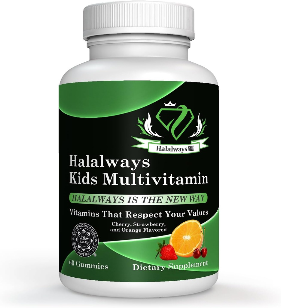 Halalways Kids Daily Gummy Halal Certificato Multivitamin per Bambini, Vitamina C, D3 e molto altro ancora per Ciliegia di Supporto Immune, Fragola, Arance Flavors Certificato Supplemento Halal
