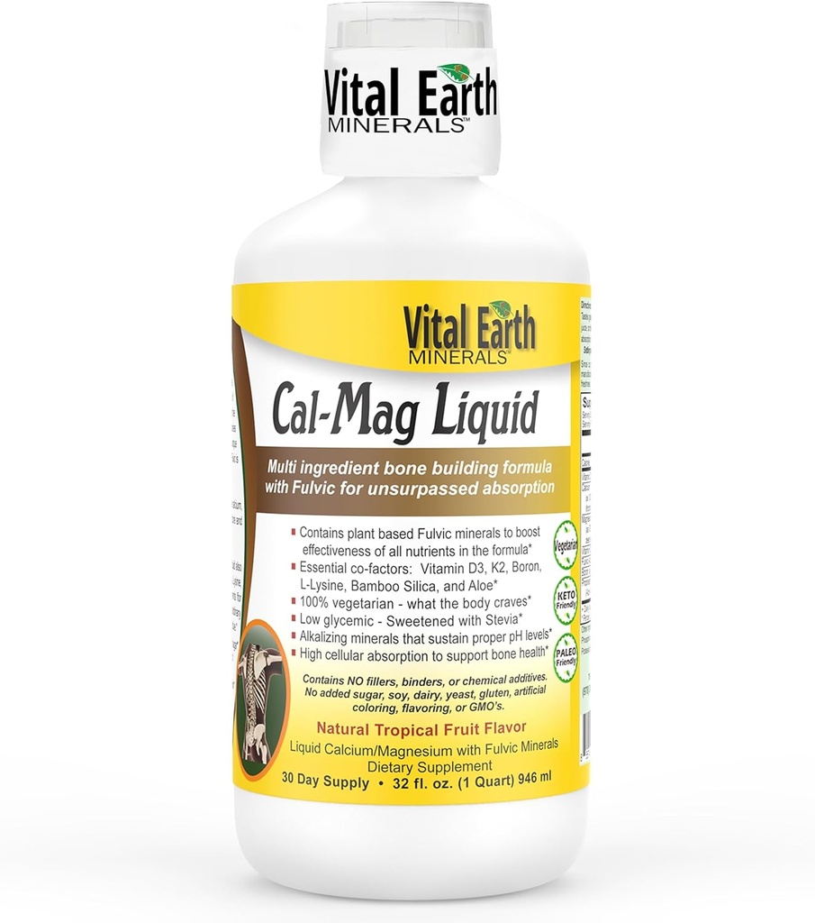 Vital Earth Minerals Cal-Mag Liquid – Supplemento di magnesio al calcio con vitamina D3, K2, Boron e Acido Fulvico per assorbimento più veloce, 32 Oz + 1 Oz Cup