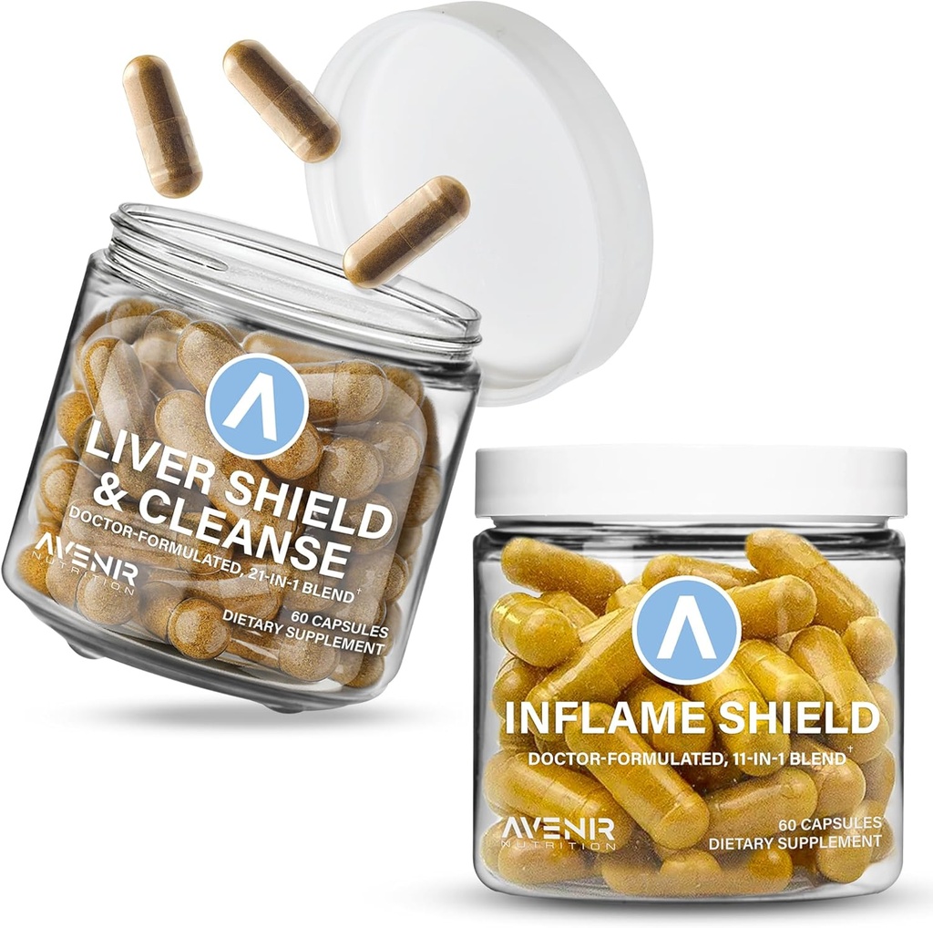 Avenir Nutrition Shield Hard Bundle - Liver Cleanse Detox & Repair and Inflame Shield - Milk Thistle, Turmeric and Ginger Supplements - 60 Capsule Ogni