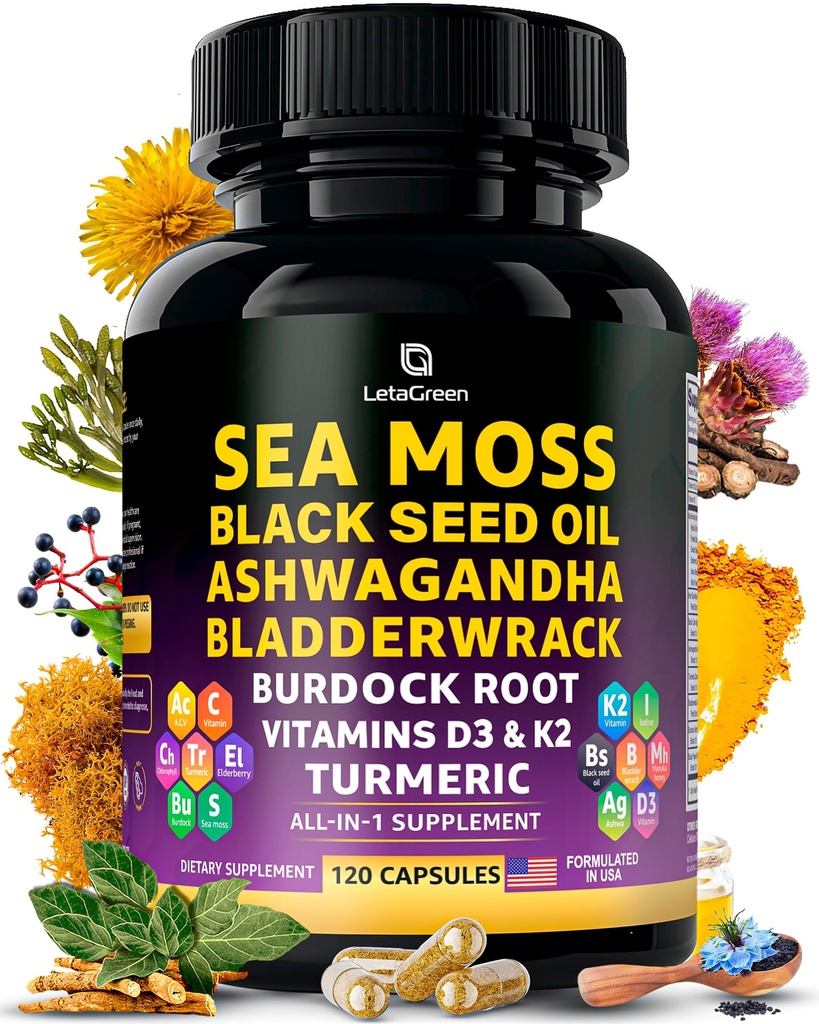 Sea Moss Capsule – 17-in-1 Blend con olio di semi neri Ashwagandha Bladderwrack Burdock Root Turmeric Vitamin D3 K2 C per il benessere quotidiano – Supplemento multiminerale per uomini e donne – 120 Conte