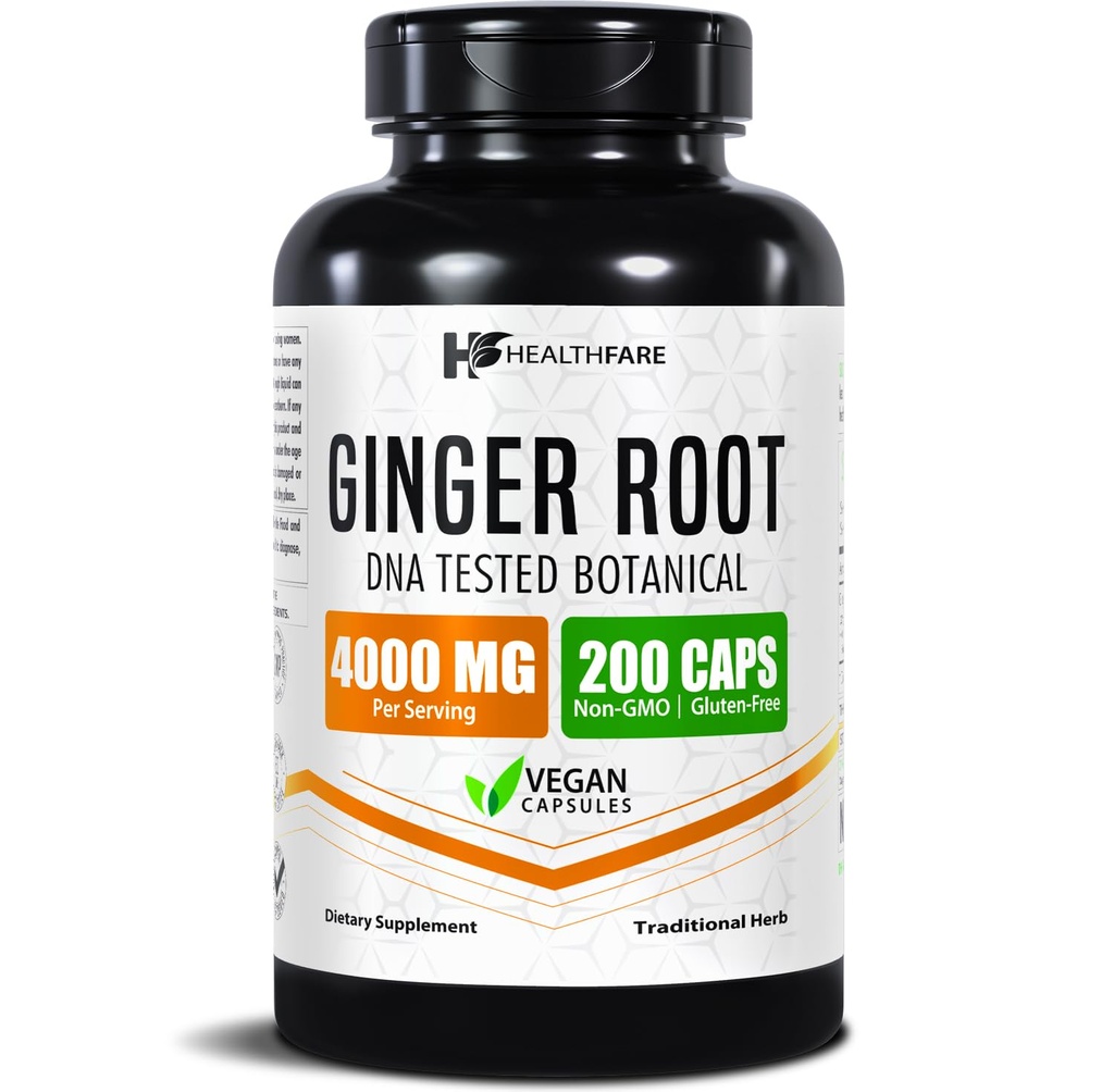 Healthfare Ginger Root Extract 4000mg | Supplement | 200 Vegan Pillen | Verdauungsunterstützung | Hohe Potenz | Non-GMO, Gluten-Free | Made in USA