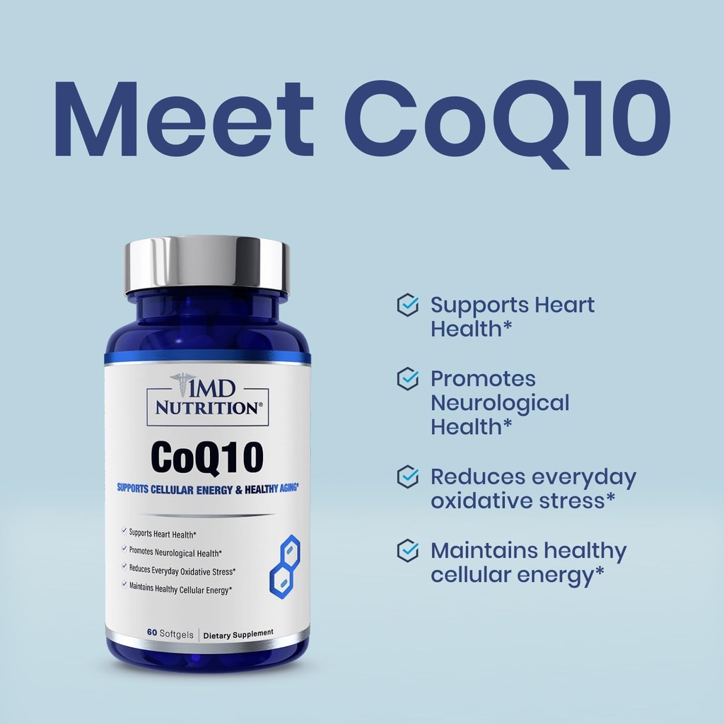 1MD Nutrition CoQ10 - per la salute del cuore e la produzione di energia cellulare - Supplemento di salute per gli uomini e le donne - Coenzyme Q10 Softgel - 60 giorni (2-Pack)